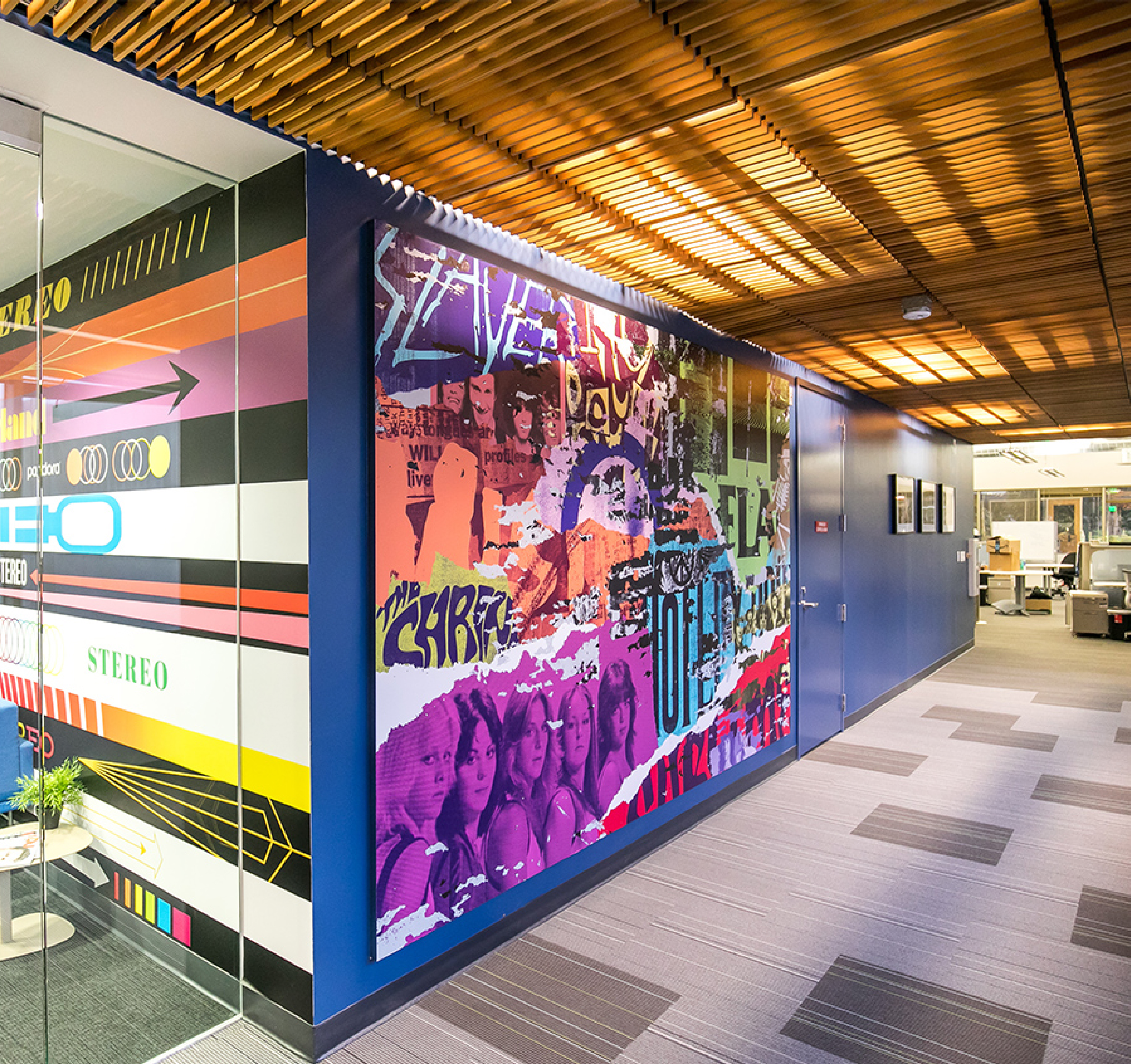 Corporate office installation with graphic design walls